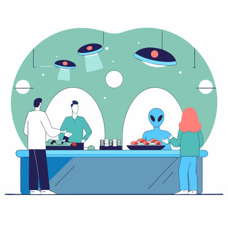 Robot and human in the kitchen. Vector illustration in flat styleのイラスト素材