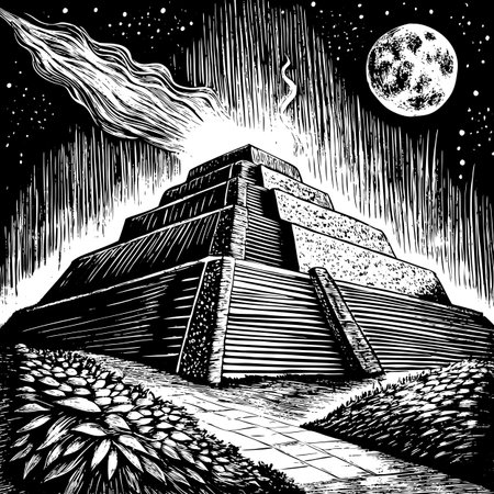 Ancient Mayan pyramid in the moonlight. Vector hand drawn illustration.のイラスト素材