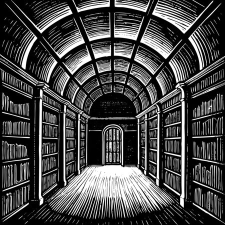 The interior of the library. Illustration in black and white colorsのイラスト素材