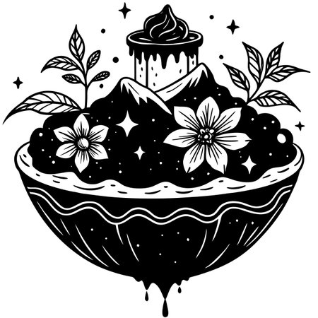 Black and white illustration of a cake with ice cream and flowers.のイラスト素材