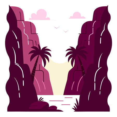 Landscape with mountains and palm trees. Vector illustration in flat styleのイラスト素材