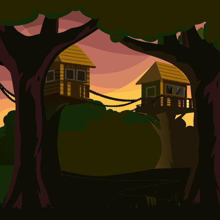 Wooden house in the forest at sunset. Vector illustration in flat styleのイラスト素材