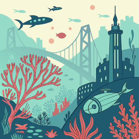 Underwater landscape with a fish and the bridge. Vector illustration.のイラスト素材