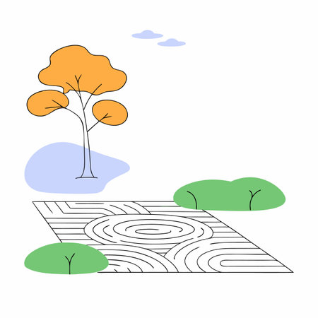 Vector illustration of a path in the forest with trees and bushes.のイラスト素材