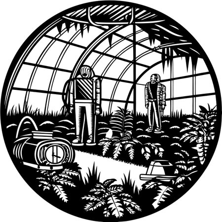 Gardeners in greenhouse.Vector illustration ready for vinyl cutting.のイラスト素材