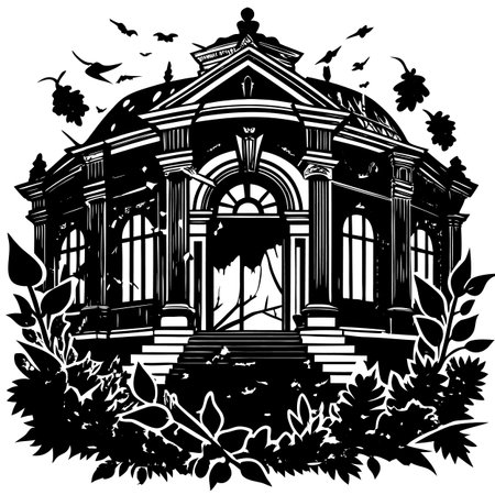 Black and White Illustration of a Halloween House with Tree and Leavesのイラスト素材