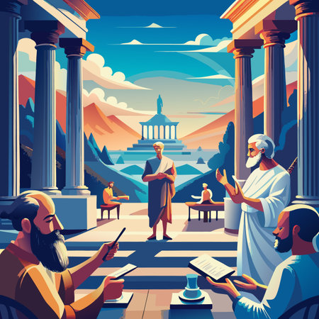 Ancient greek people in the ancient city. Vector illustration in flat styleのイラスト素材