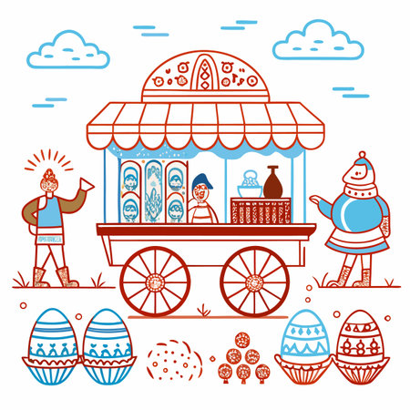 Cute vector illustration of a cart with Easter eggs. Happy Easter card.のイラスト素材