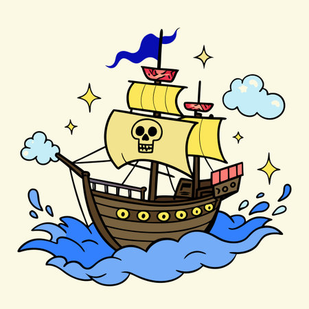 Pirate ship in the sea. Vector illustration for your design.のイラスト素材