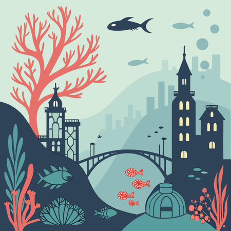 Underwater world with fish, corals and bridge. Vector illustrationのイラスト素材