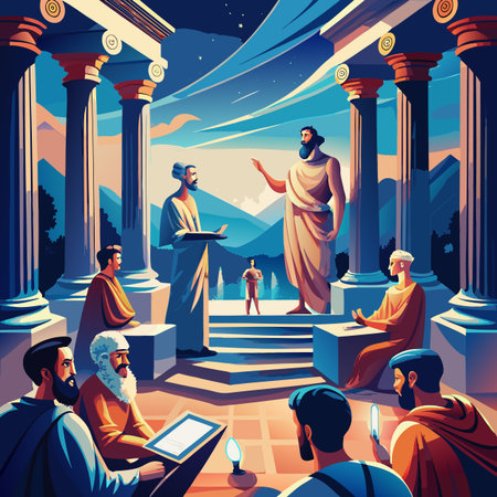 Ancient greek civilization with ancient columns and people praying vector illustration.のイラスト素材