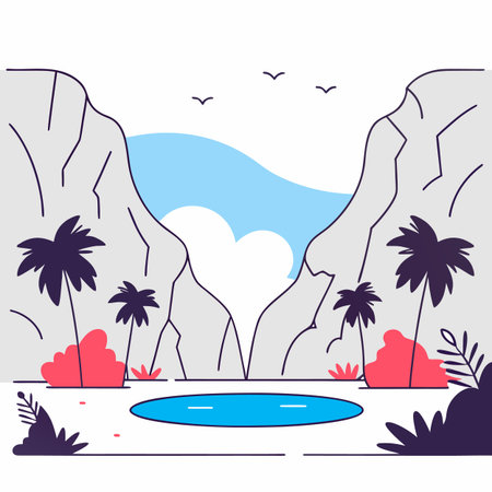 Vector illustration in flat linear design style. Landscape with lake, palm trees and mountains.のイラスト素材