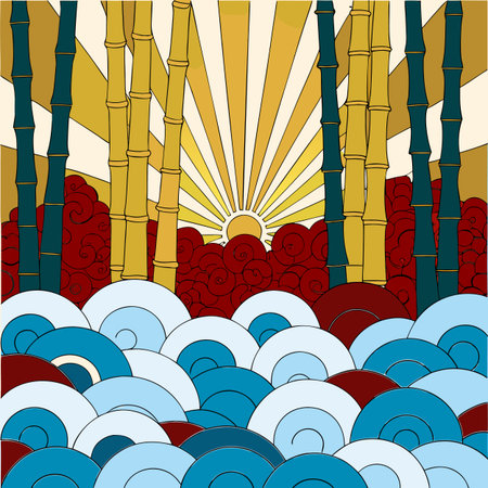 vector illustration of a bamboo forest with sun and clouds in the backgroundのイラスト素材