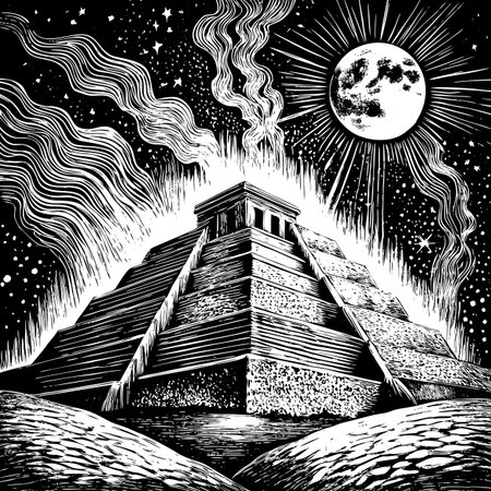 Ancient mayan pyramid on a background of the full moon. Vector illustrationのイラスト素材