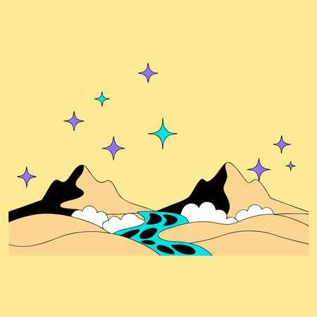 Night landscape with a river, mountains and stars. Vector illustration.のイラスト素材