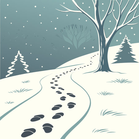 Winter landscape with snow covered trees and footprints in the snow, vector illustrationのイラスト素材