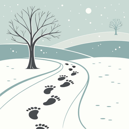 Winter landscape with trees and footprints. Vector illustration. Eps 10.のイラスト素材