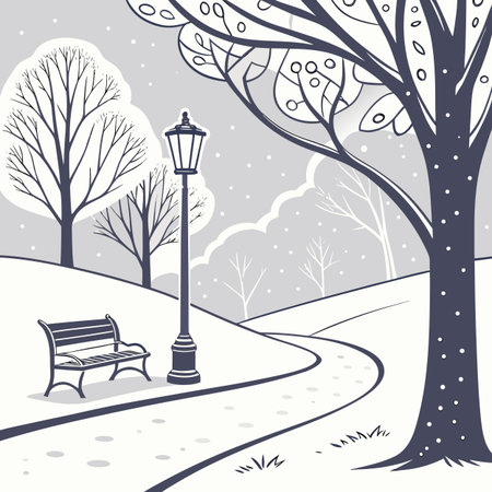 Winter landscape with bench and street lamp. Vector illustration in hand drawn style.のイラスト素材