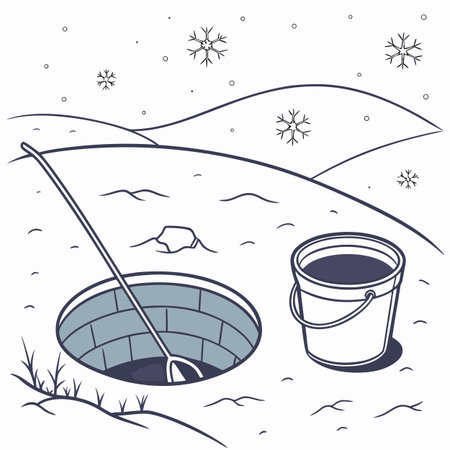 Vector illustration of a winter landscape with snowflakes and a bucketのイラスト素材