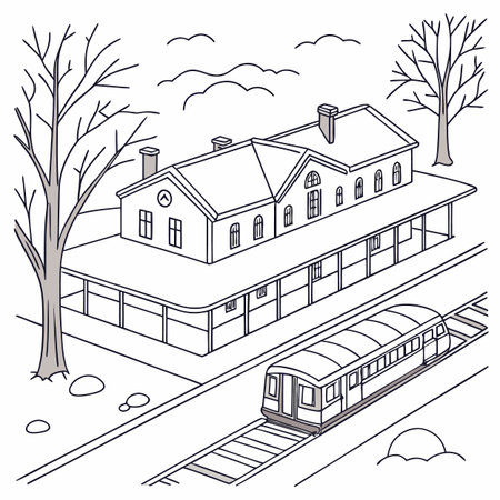 Vector illustration of a train in the city. Line art style.のイラスト素材