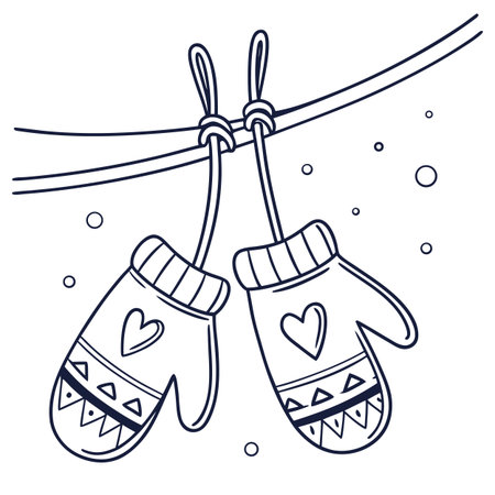 Winter mittens hanging on clothesline. Outline vector illustration.のイラスト素材