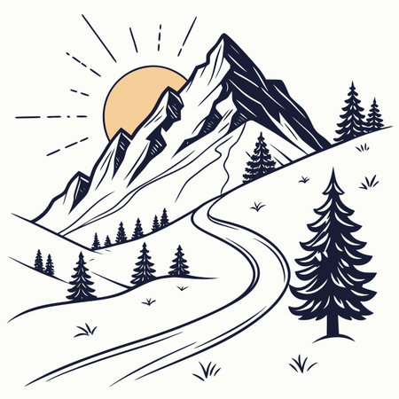Vector hand drawn mountain landscape with road, pine trees and sun.のイラスト素材