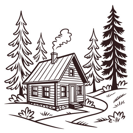 Wooden house in the forest. Monochrome vector illustration.のイラスト素材