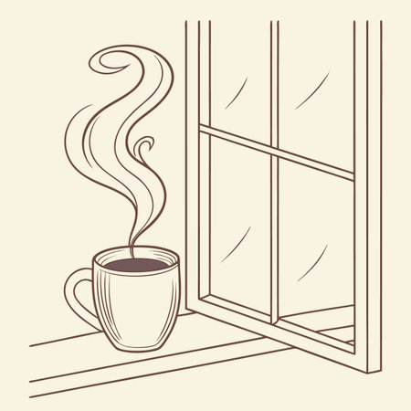Cup of coffee with steam on the window sill. Vector illustrationのイラスト素材