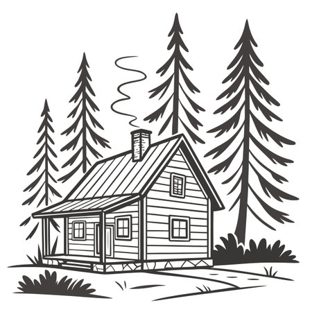 Wooden house in the forest. Black and white drawing. Vector illustration.のイラスト素材
