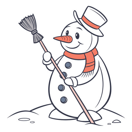 Snowman with a broom in his hand. Cartoon vector illustration.のイラスト素材