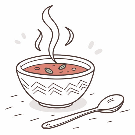 Hand drawn vector illustration of a bowl of hot soup with spoon.のイラスト素材