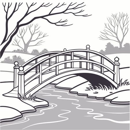 Bridge over the river. Vector illustration in black and white colors.のイラスト素材