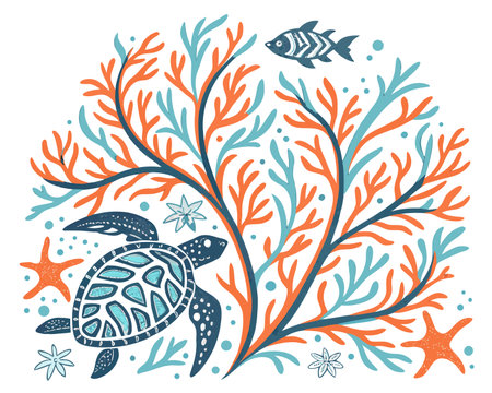 Sea turtle, starfish and seaweed. Hand drawn vector illustration.のイラスト素材