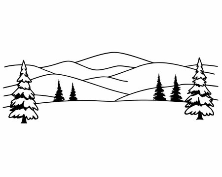 Winter landscape with fir trees and hills. Black and white vector illustration.のイラスト素材