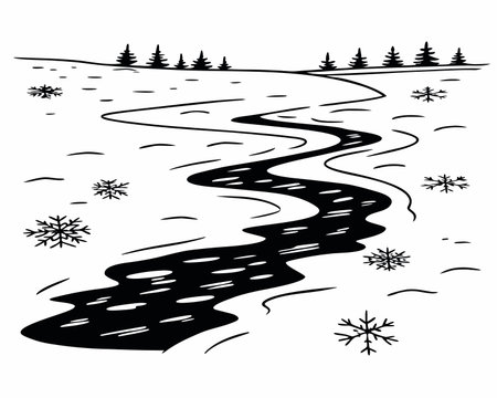 Winter landscape with snowflakes. Vector illustration in black and white.のイラスト素材
