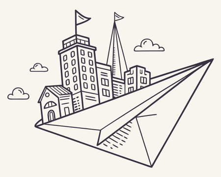 Paper plane flying over the city. Vector illustration in line art style.のイラスト素材