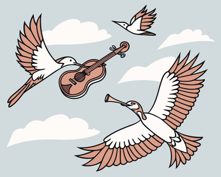 Stork with a violin and a stork. Vector illustration.のイラスト素材