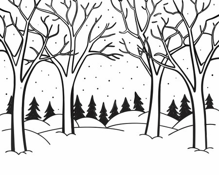 Winter landscape with trees and snowfall. Vector illustration in black and white.のイラスト素材