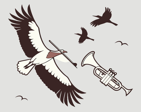 Vector illustration of a stork with a trumpet and flying birds.のイラスト素材