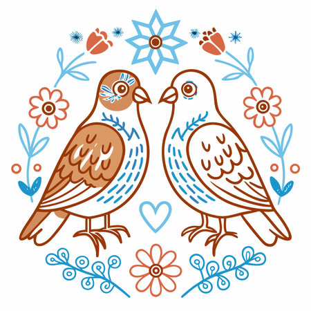 Two pigeons in love with flowers and hearts. Vector illustration.のイラスト素材