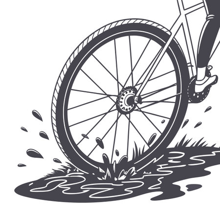 Bicycle wheel in puddles of water. Vector illustration.のイラスト素材