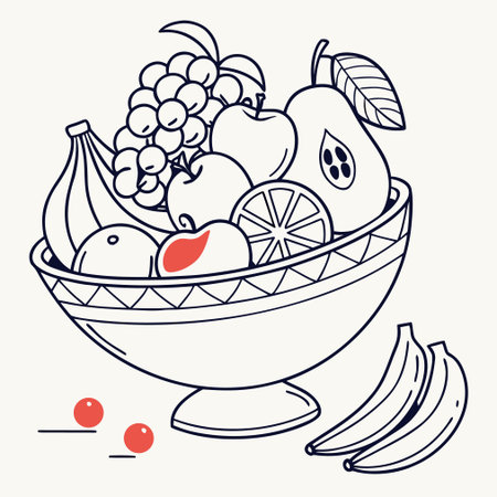Fruits in a bowl. Hand drawn vector illustration. Doodle style.のイラスト素材