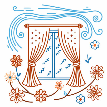Illustration of a window with curtains and flowers on white background.のイラスト素材