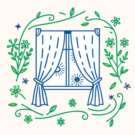 Vector illustration of a window with curtains and floral elements in the style of doodle.のイラスト素材