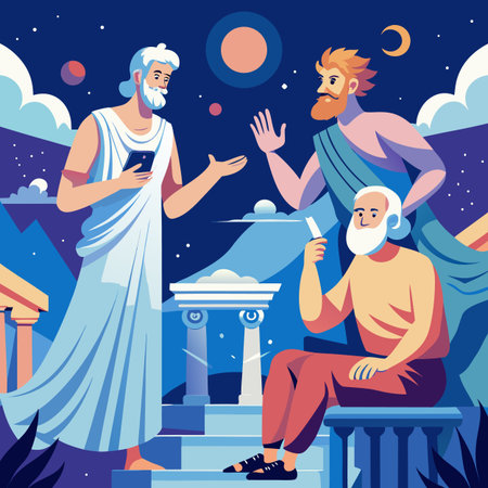 Greek gods at night, cartoon vector illustration on blue sky background.のイラスト素材