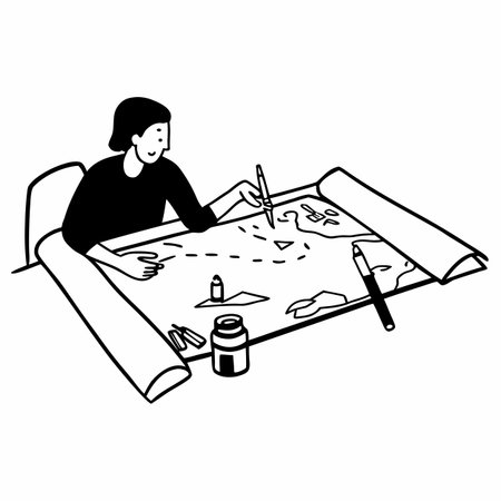 Vector illustration of a girl drawing a picture on a sheet of paperのイラスト素材
