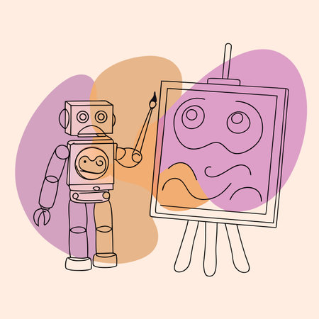 Robot painting on easel. Hand drawn vector illustration in cartoon style.のイラスト素材