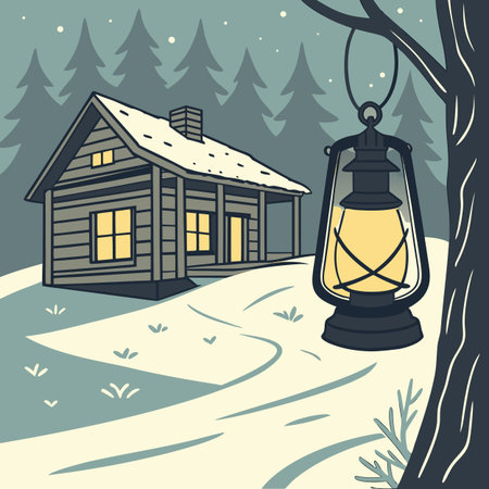 Winter landscape with a wooden house and a lantern. Vector illustration.のイラスト素材