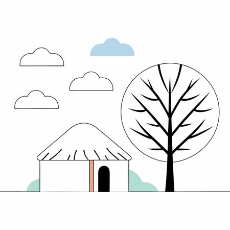 Flat style vector illustration. House, tree, clouds and sky.のイラスト素材