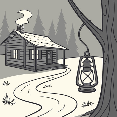 Cabin in the forest. Vector illustration in a linear style.のイラスト素材